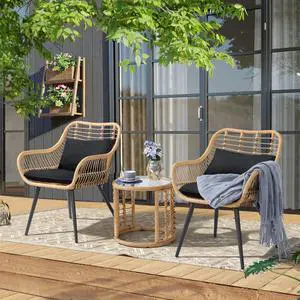3 Piece Patio Bistro Set, Wicker Outdoor Patio Set with Enhanced Comfort Seating, Round Glass Top Coffee Side Table, Patio Rattan Conversation Set for Balcony, Lawn, Garden, Backyard, Black 3 Piece Patio Bistro Set, Wicker Outdoor Patio Set with Enhanced Comfort Seating, Round Glass Top Coffee Side Table, Patio Rattan Conversation Set for Balcony, Lawn, Garden, Backyard, Black