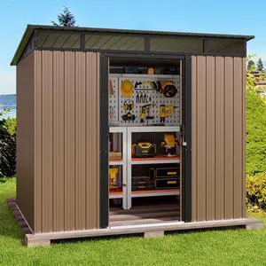 7.4'x5.3' Outdoor Storage Shed Metal Garden Shed with Sliding Lockable Doors, Versatile Tool Bike Shed with Transparent Panel Windows, Outdoor Storage Clearance for Backyard, Patio, Light Brown 7.4'x5.3' Outdoor Storage Shed Metal Garden Shed with Sliding Lockable Doors, Versatile Tool Bike Shed with Transparent Panel Windows, Outdoor Storage Clearance for Backyard, Patio, Light Brown