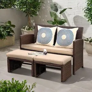 Outdoor Loveseat 3 Piece Patio Furniture Set Outdoor Conversation Set All-Weather Wicker Love Seat with Ottoman/Side Table, Brown Rattan, Beige Outdoor Loveseat 3 Piece Patio Furniture Set Outdoor Conversation Set All-Weather Wicker Love Seat with Ottoman/Side Table, Brown Rattan, Beige