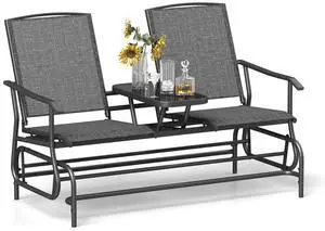 2 Person Swing Glider Chair, Patio Rocking Loveseat w/Center Tempered Glass Table, Outdoor Swing Bench w/Steel Frame & Breathable Mesh Fabric for Porch, Balcony, Poolside (Grey) 2 Person Swing Glider Chair, Patio Rocking Loveseat w/Center Tempered Glass Table, Outdoor Swing Bench w/Steel Frame & Breathable Mesh Fabric for Porch, Balcony, Poolside (Grey)