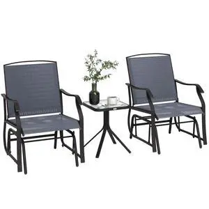 3 Piece Outdoor Glider Chair with Coffee Table Bistro Set, 2 Patio Rocking Swing Chairs with Breathable Sling Fabric, Glass Tabletop, for Backyard, Garden and Porch, Gray 3 Piece Outdoor Glider Chair with Coffee Table Bistro Set, 2 Patio Rocking Swing Chairs with Breathable Sling Fabric, Glass Tabletop, for Backyard, Garden and Porch, Gray
