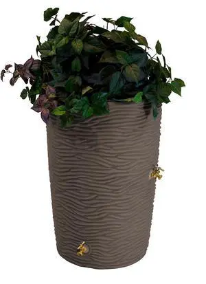 Impressions 50-Gallon Rain Saver Barrel Faux Palm Trunk Surface, Dual Spigot Locations with 2 Brass Spigots and Screen, Oak Impressions 50-Gallon Rain Saver Barrel Faux Palm Trunk Surface, Dual Spigot Locations with 2 Brass Spigots and Screen, Oak