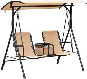 2-Seater Patio Swing Chair, Outdoor Canopy Swing Glider with Pivot Storage Table, Cup Holder, Adjustable Shade, Bungie Seat Suspension and Weather Resistant Steel Frame, Beige 2-Seater Patio Swing Chair, Outdoor Canopy Swing Glider with Pivot Storage Table, Cup Holder, Adjustable Shade, Bungie Seat Suspension and Weather Resistant Steel Frame, Beige