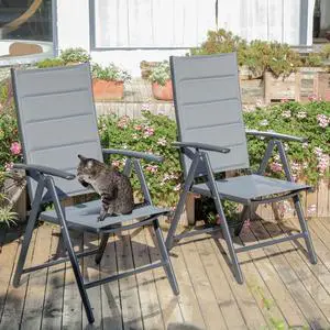Outdoor Patio Folding Chairs Set of 2, Outdoor Reclining Camping Chairs with Soft Cotton-Padded Seat Adjustable High Backrest Portable Chairs, Grey Outdoor Patio Folding Chairs Set of 2, Outdoor Reclining Camping Chairs with Soft Cotton-Padded Seat Adjustable High Backrest Portable Chairs, Grey