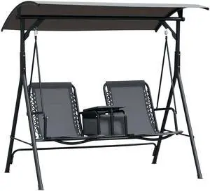 2-Seater Patio Swing Chair, Outdoor Canopy Swing Glider with Pivot Storage Table, Cup Holder, Adjustable Shade, Bungie Seat Suspension and Weather Resistant Steel Frame, Gray 2-Seater Patio Swing Chair, Outdoor Canopy Swing Glider with Pivot Storage Table, Cup Holder, Adjustable Shade, Bungie Seat Suspension and Weather Resistant Steel Frame, Gray