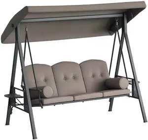 3-Seat Patio Swing Chair, Outdoor Porch Swing Glider with Adjustable Canopy, Removable Cushion, Pillows and Side Trays, for Garden, Poolside, Backyard, Brown 3-Seat Patio Swing Chair, Outdoor Porch Swing Glider with Adjustable Canopy, Removable Cushion, Pillows and Side Trays, for Garden, Poolside, Backyard, Brown