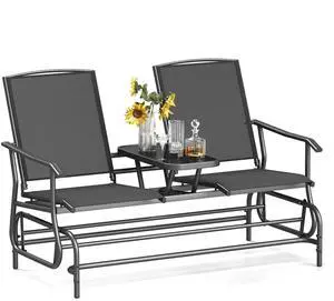 2 Person Swing Glider Chair, Patio Rocking Loveseat w/Center Tempered Glass Table, Outdoor Swing Bench w/Steel Frame & Breathable Mesh Fabric for Porch, Balcony, Poolside (Black) 2 Person Swing Glider Chair, Patio Rocking Loveseat w/Center Tempered Glass Table, Outdoor Swing Bench w/Steel Frame & Breathable Mesh Fabric for Porch, Balcony, Poolside (Black)