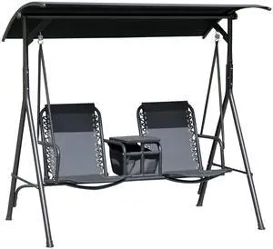 2-Seater Patio Swing Chair, Outdoor Canopy Swing Glider with Pivot Storage Table, Cup Holder, Adjustable Shade, Bungie Seat Suspension and Weather Resistant Steel Frame, Black 2-Seater Patio Swing Chair, Outdoor Canopy Swing Glider with Pivot Storage Table, Cup Holder, Adjustable Shade, Bungie Seat Suspension and Weather Resistant Steel Frame, Black