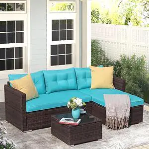 Outdoor Patio Furniture Set, All Weather Outdoor Sectional Conversation Set, Wicker Furniture Sofa Set, Outdoor Patio Seating with Cushions, Tempered Glass Coffee Table, L-Shaped, Turquoise Outdoor Patio Furniture Set, All Weather Outdoor Sectional Conversation Set, Wicker Furniture Sofa Set, Outdoor Patio Seating with Cushions, Tempered Glass Coffee Table, L-Shaped, Turquoise