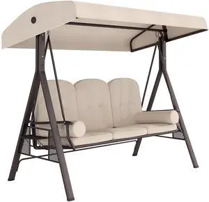 3-Seat Patio Swing Chair, Outdoor Porch Swing Glider with Adjustable Canopy, Removable Cushion, Pillows and Side Trays, for Garden, Poolside, Backyard, Beige 3-Seat Patio Swing Chair, Outdoor Porch Swing Glider with Adjustable Canopy, Removable Cushion, Pillows and Side Trays, for Garden, Poolside, Backyard, Beige