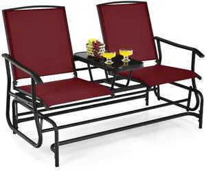 2 Person Swing Glider Chair, Patio Rocking Loveseat w/Center Tempered Glass Table, Outdoor Swing Bench w/Steel Frame & Breathable Mesh Fabric for Porch, Balcony, Poolside (Burgundy) 2 Person Swing Glider Chair, Patio Rocking Loveseat w/Center Tempered Glass Table, Outdoor Swing Bench w/Steel Frame & Breathable Mesh Fabric for Porch, Balcony, Poolside (Burgundy)