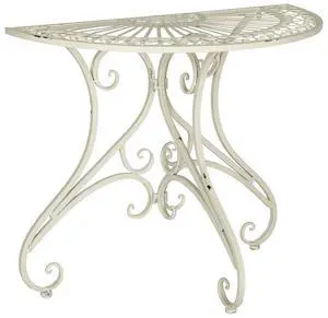Outdoor - Annalise Half-Moon Accent Table - Antique White Iron Metal - Vintage Baroque Scrollwork - Ideal for Patio, Deck, Porch, Garden, 35.5" W x 18.5" D x 29" H (PAT5008A) Outdoor - Annalise Half-Moon Accent Table - Antique White Iron Metal - Vintage Baroque Scrollwork - Ideal for Patio, Deck, Porch, Garden, 35.5" W x 18.5" D x 29" H (PAT5008A)