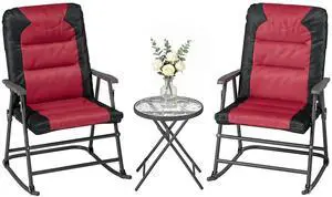 3 Piece Outdoor Patio Furniture Set with Glass Coffee Table & 2 Folding Padded Rocking Chairs, Bistro Style for Porch, Camping, Balcony, Red 3 Piece Outdoor Patio Furniture Set with Glass Coffee Table & 2 Folding Padded Rocking Chairs, Bistro Style for Porch, Camping, Balcony, Red