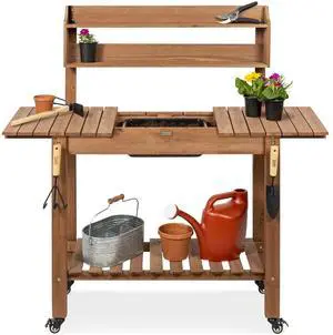 Mobile Garden Potting Bench, Outdoor Wood Workstation Table w/Sliding Tabletop, 4 Locking Wheels, Food Grade Dry Sink, Storage Shelves - Brown Mobile Garden Potting Bench, Outdoor Wood Workstation Table w/Sliding Tabletop, 4 Locking Wheels, Food Grade Dry Sink, Storage Shelves - Brown
