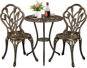 Patio Bistro Sets 3 Piece, Outdoor Rust-Resistant Cast Aluminum Garden Table and Chairs, Bronze Patio Bistro Sets 3 Piece, Outdoor Rust-Resistant Cast Aluminum Garden Table and Chairs, Bronze