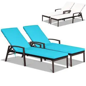 Set of 2 Patio Rattan Chaise Lounge Chair, Outdoor Reclining Chaise with Cushion and Armrest, 2 Cushion Cover Sets, Wicker Sun Lounger with Adjustable Backrest for Garden (Turquoise & White) Set of 2 Patio Rattan Chaise Lounge Chair, Outdoor Reclining Chaise with Cushion and Armrest, 2 Cushion Cover Sets, Wicker Sun Lounger with Adjustable Backrest for Garden (Turquoise & White)