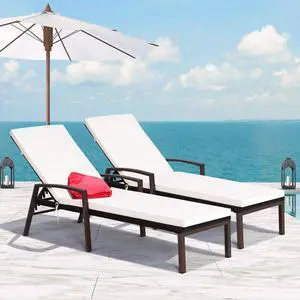 Set of 2 Patio Furniture Outdoor Rattan Wicker Lounge Chair Set Adjustable Poolside Chaise with Armrest and Removable Cushions Set of 2 Patio Furniture Outdoor Rattan Wicker Lounge Chair Set Adjustable Poolside Chaise with Armrest and Removable Cushions