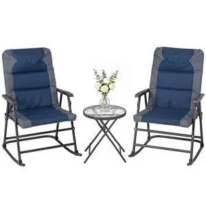 3 Piece Outdoor Patio Furniture Set with Glass Coffee Table & 2 Folding Padded Rocking Chairs, Bistro Style for Porch, Camping, Balcony, Navy Blue 3 Piece Outdoor Patio Furniture Set with Glass Coffee Table & 2 Folding Padded Rocking Chairs, Bistro Style for Porch, Camping, Balcony, Navy Blue