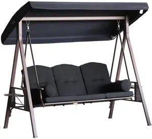 3-Seat Patio Swing Chair, Outdoor Porch Swing Glider with Adjustable Canopy, Removable Cushion, Pillows and Side Trays, for Garden, Poolside, Backyard, Black 3-Seat Patio Swing Chair, Outdoor Porch Swing Glider with Adjustable Canopy, Removable Cushion, Pillows and Side Trays, for Garden, Poolside, Backyard, Black