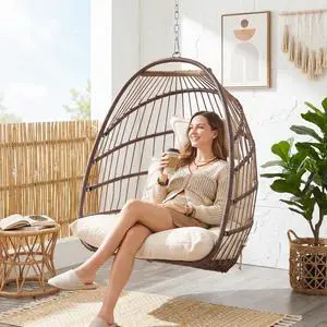 Foldable Egg Swing Chair Without Stand, 350 Lbs Durable Rattan Wicker Hanging Patio Chair with Padded Cushion, Cozy Basket Hammock Seat for Indoor Outdoor Bedroom Balcony Tree, Brown Tan Foldable Egg Swing Chair Without Stand, 350 Lbs Durable Rattan Wicker Hanging Patio Chair with Padded Cushion, Cozy Basket Hammock Seat for Indoor Outdoor Bedroom Balcony Tree, Brown Tan