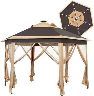 13×13 Pop-Up Patio Gazebo Tent W/Mesh Netting Sides & 25 Solar LED Lights, Hexagonal Double Vented 3 Height Adjustable Gazebo with Storage Bag for Backyard, Garden, Lawn, Khaki & Brown 13×13 Pop-Up Patio Gazebo Tent W/Mesh Netting Sides & 25 Solar LED Lights, Hexagonal Double Vented 3 Height Adjustable Gazebo with Storage Bag for Backyard, Garden, Lawn, Khaki & Brown