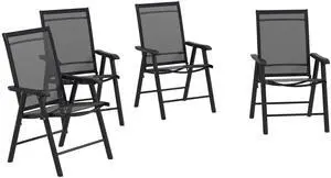 Set of 4 Patio Folding Chairs, Stackable Outdoor Sling Patio Dining Chairs with Armrests for Lawn, Camping, Dining, Beach, Metal Frame, No Assembly, Black Set of 4 Patio Folding Chairs, Stackable Outdoor Sling Patio Dining Chairs with Armrests for Lawn, Camping, Dining, Beach, Metal Frame, No Assembly, Black