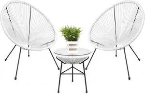 3-Piece Outdoor Acapulco All-Weather Patio Conversation Bistro Set w/Plastic Rope, Glass Top Table and 2 Chairs - White 3-Piece Outdoor Acapulco All-Weather Patio Conversation Bistro Set w/Plastic Rope, Glass Top Table and 2 Chairs - White
