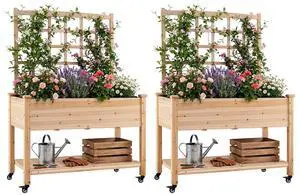 65'' Wooden Raised Garden Bed w/Trellis on Wheels Set 2, Mobile Elevated Planter Box w/Legs, Liner & Drainage Holes for Climbing Plant Vegetable Herb Flower, Outdoor Garden Box, Backyard 65'' Wooden Raised Garden Bed w/Trellis on Wheels Set 2, Mobile Elevated Planter Box w/Legs, Liner & Drainage Holes for Climbing Plant Vegetable Herb Flower, Outdoor Garden Box, Backyard