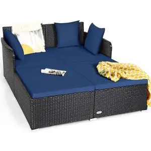 Outdoor Rattan Daybed, Patio Sunbed Sofa Set with Cushion & Pillows, Sturdy Aluminum Foot, Wicker Patio Furniture Double Bed Lounger for Garden Porch Poolside Outdoor Rattan Daybed, Patio Sunbed Sofa Set with Cushion & Pillows, Sturdy Aluminum Foot, Wicker Patio Furniture Double Bed Lounger for Garden Porch Poolside