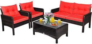 4 Piece Patio Furniture Set, Outdoor Wicker Conversation Set with Glass Top Coffee Table, All Weather Proof and Thick Cushions, Suitable for Porch, Garden, Poolside and Lawn (Red) 4 Piece Patio Furniture Set, Outdoor Wicker Conversation Set with Glass Top Coffee Table, All Weather Proof and Thick Cushions, Suitable for Porch, Garden, Poolside and Lawn (Red)