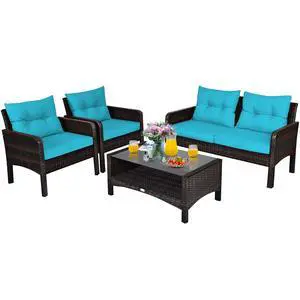 4 Piece Patio Furniture Set, Outdoor Wicker Conversation Set with Glass Top Coffee Table, All Weather Proof and Thick Cushions, Suitable for Porch, Garden, Poolside and Lawn (Turquoise) 4 Piece Patio Furniture Set, Outdoor Wicker Conversation Set with Glass Top Coffee Table, All Weather Proof and Thick Cushions, Suitable for Porch, Garden, Poolside and Lawn (Turquoise)