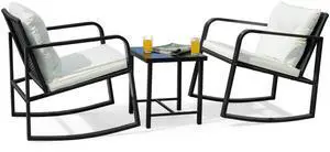 Patio Chairs 3 Piece Wicker Rocking Chair Outdoor Bistro Sets with Coffee Table and Cushions Metal Frame Patio Furniture for Porch, Balcony, Lawn (White) Patio Chairs 3 Piece Wicker Rocking Chair Outdoor Bistro Sets with Coffee Table and Cushions Metal Frame Patio Furniture for Porch, Balcony, Lawn (White)