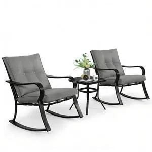 Outdoor 3-Piece Rocking Chairs Patio Bistro Set Black Steel Furniture with Thickened Cushion and Glass-Top Coffee Table, Grey Outdoor 3-Piece Rocking Chairs Patio Bistro Set Black Steel Furniture with Thickened Cushion and Glass-Top Coffee Table, Grey