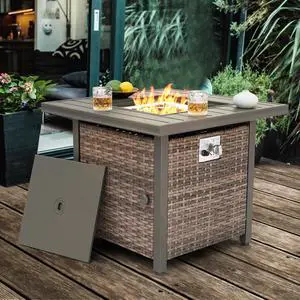 Propane Fire Pit Table, CSA Certified 30 Inch 50,000 BTU Outdoor Propane Gas Cabinet Square Fire Pit Table, Iron Tabletop, Rattan and Iron Frame, with Lid and Fire Glass Beads, Black Propane Fire Pit Table, CSA Certified 30 Inch 50,000 BTU Outdoor Propane Gas Cabinet Square Fire Pit Table, Iron Tabletop, Rattan and Iron Frame, with Lid and Fire Glass Beads, Black