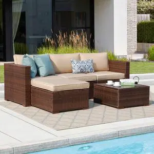 5 Piece Outdoor Patio Furniture Set, Outdoor Sectional Conversation Set, All-Weather Brown PE Wicker w/Beige Cushions, Outdoor Backyard Porch Garden Poolside Balcony Furniture Set 5 Piece Outdoor Patio Furniture Set, Outdoor Sectional Conversation Set, All-Weather Brown PE Wicker w/Beige Cushions, Outdoor Backyard Porch Garden Poolside Balcony Furniture Set