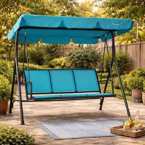 3-Person Outdoor Canopy Porch Swing Chair, Breathable Textilene Seat & Armrests, Adjustable Canopy Shade, Heavy-Duty Powder-Coated Steel Frame for Patio, Backyard, Poolside & Balcony, Blue 3-Person Outdoor Canopy Porch Swing Chair, Breathable Textilene Seat & Armrests, Adjustable Canopy Shade, Heavy-Duty Powder-Coated Steel Frame for Patio, Backyard, Poolside & Balcony, Blue