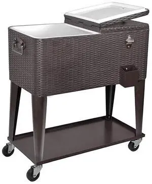 80 Quart Qt Rolling Cooler Ice Chest Cart for Outdoor Patio Deck Party, Dark Brown Wicker Faux Rattan Tub Trolley, Portable Backyard Party Drink Beverage Bar, Wheels with Shelf & Bottle Opener 80 Quart Qt Rolling Cooler Ice Chest Cart for Outdoor Patio Deck Party, Dark Brown Wicker Faux Rattan Tub Trolley, Portable Backyard Party Drink Beverage Bar, Wheels with Shelf & Bottle Opener