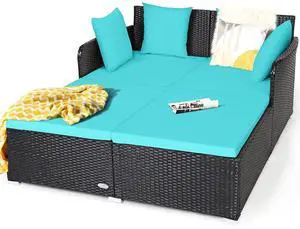 Outdoor Rattan Daybed, Patio Sunbed Sofa Set with Cushion & Pillows, Sturdy Aluminum Foot, Wicker Patio Furniture Double Bed Lounger for Garden Porch Poolside Outdoor Rattan Daybed, Patio Sunbed Sofa Set with Cushion & Pillows, Sturdy Aluminum Foot, Wicker Patio Furniture Double Bed Lounger for Garden Porch Poolside
