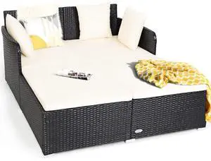 Outdoor Rattan Daybed, Patio Sunbed Sofa Set with Cushion & Pillows, Sturdy Aluminum Foot, Wicker Patio Furniture Double Bed Lounger for Garden Porch Poolside Outdoor Rattan Daybed, Patio Sunbed Sofa Set with Cushion & Pillows, Sturdy Aluminum Foot, Wicker Patio Furniture Double Bed Lounger for Garden Porch Poolside