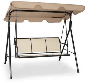 3 Person Patio Swing, Steel Frame with Polyester Angle Adjustable Canopy, All Weather Resistant Swing Bench, Suitable for Patio, Garden, Poolside, Balcony (Brown) 3 Person Patio Swing, Steel Frame with Polyester Angle Adjustable Canopy, All Weather Resistant Swing Bench, Suitable for Patio, Garden, Poolside, Balcony (Brown)