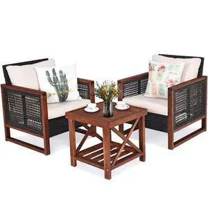3 Pieces Patio Wicker Furniture Set, Rattan Outdoor Sofa Set w/Washable Cushion & Acacia Wood Coffee Table, Conversation Bistro Set for Garden Balcony Backyard (Beige) 3 Pieces Patio Wicker Furniture Set, Rattan Outdoor Sofa Set w/Washable Cushion & Acacia Wood Coffee Table, Conversation Bistro Set for Garden Balcony Backyard (Beige)