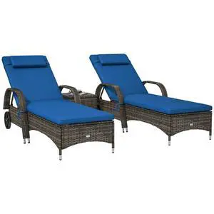 Wicker Outdoor Chaise Lounge Chair Set of 3 with Side Table, 5-Level Adjustable Backrest PE Rattan Pool Lounge Chair with Wheels, Cushion & Headrest, Brown and Gray Wicker Outdoor Chaise Lounge Chair Set of 3 with Side Table, 5-Level Adjustable Backrest PE Rattan Pool Lounge Chair with Wheels, Cushion & Headrest, Brown and Gray