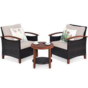 3 Pieces Patio Furniture Set, Outdoor Rattan Sofa and Side Table w/Solid Acacia Wood Frame, High Load Bearing Conversation Bistro Set w/Washable and Removable Cushions (Beige) 3 Pieces Patio Furniture Set, Outdoor Rattan Sofa and Side Table w/Solid Acacia Wood Frame, High Load Bearing Conversation Bistro Set w/Washable and Removable Cushions (Beige)