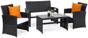 4-Piece Rattan Patio Furniture Set, Outdoor Wicker Conversation Sofa with Weather Resistant Cushions and Tempered Glass Tabletop for Lawn Backyard Pool Garden (White(Black Wicker)) 4-Piece Rattan Patio Furniture Set, Outdoor Wicker Conversation Sofa with Weather Resistant Cushions and Tempered Glass Tabletop for Lawn Backyard Pool Garden (White(Black Wicker))