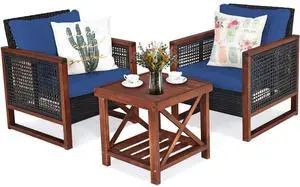 3 Pieces Patio Wicker Furniture Set, Rattan Outdoor Sofa Set w/Washable Cushion & Acacia Wood Coffee Table, Conversation Bistro Set for Garden Balcony Backyard (Blue) 3 Pieces Patio Wicker Furniture Set, Rattan Outdoor Sofa Set w/Washable Cushion & Acacia Wood Coffee Table, Conversation Bistro Set for Garden Balcony Backyard (Blue)