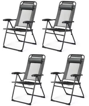 Set of 4 Patio Dining Chairs, Folding Lounge Chairs with 7 Level Adjustable Backrest, Headrest, 300 Lbs Capacity, Outdoor Portable Chairs with Metal Frame (4, Gray) Set of 4 Patio Dining Chairs, Folding Lounge Chairs with 7 Level Adjustable Backrest, Headrest, 300 Lbs Capacity, Outdoor Portable Chairs with Metal Frame (4, Gray)
