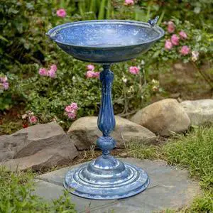 Ornate Metal Pedestal Style Birdbath with Cast Iron Birds on Rim Full Base (Blue) Ornate Metal Pedestal Style Birdbath with Cast Iron Birds on Rim Full Base (Blue)