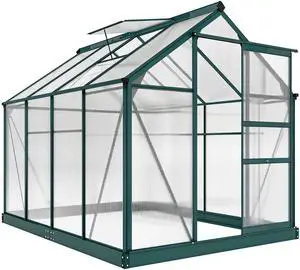 6' x 8' Greenhouse for Outdoors, Polycarbonate Greenhouse with Rain Gutter and Roof Vent, Aluminum Walk-in Green Houses with Push Door for Outside for Patio Backyard Garden, Dark Green 6' x 8' Greenhouse for Outdoors, Polycarbonate Greenhouse with Rain Gutter and Roof Vent, Aluminum Walk-in Green Houses with Push Door for Outside for Patio Backyard Garden, Dark Green
