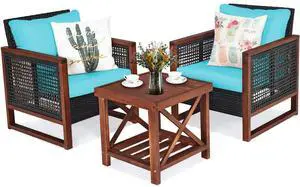 3 Pieces Patio Wicker Furniture Set, Rattan Outdoor Sofa Set w/Washable Cushion & Acacia Wood Coffee Table, Conversation Bistro Set for Garden Balcony Backyard (Turquoise) 3 Pieces Patio Wicker Furniture Set, Rattan Outdoor Sofa Set w/Washable Cushion & Acacia Wood Coffee Table, Conversation Bistro Set for Garden Balcony Backyard (Turquoise)