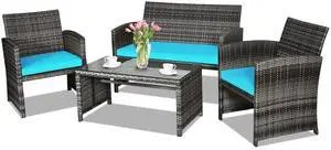 4-Piece Rattan Patio Furniture Set, Outdoor Wicker Conversation Sofa with Weather Resistant Cushions and Tempered Glass Tabletop for Lawn Backyard Pool Garden (Turquoise) 4-Piece Rattan Patio Furniture Set, Outdoor Wicker Conversation Sofa with Weather Resistant Cushions and Tempered Glass Tabletop for Lawn Backyard Pool Garden (Turquoise)